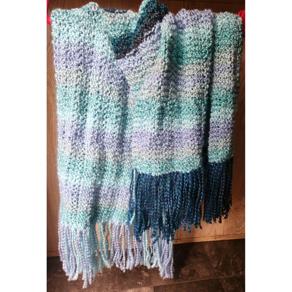 Soft Wide Handmade Scarf Crochet ~18x64 In. Multicolor Blue Stripes W/ Fringe - Picture 8 of 16